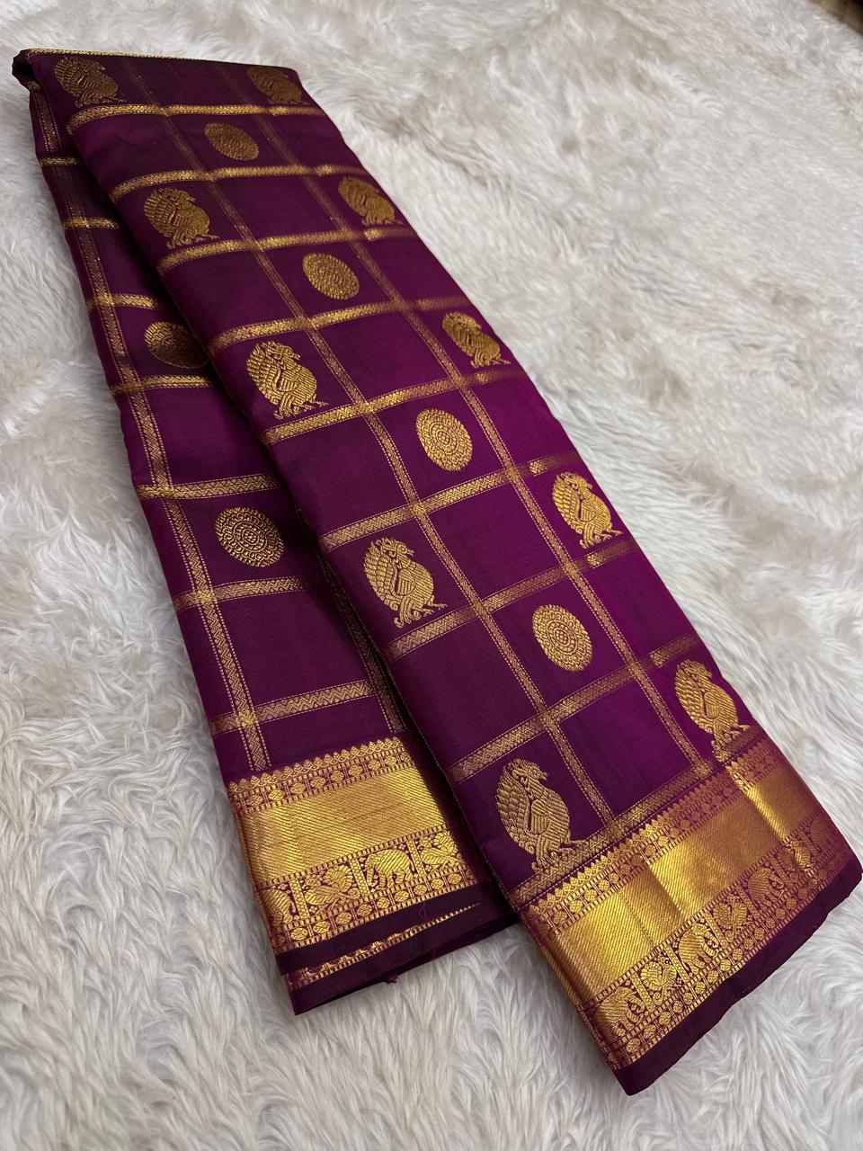 Pure Kanchipuram Handloom Bridal Silk Saree with Zari Beldari Checks